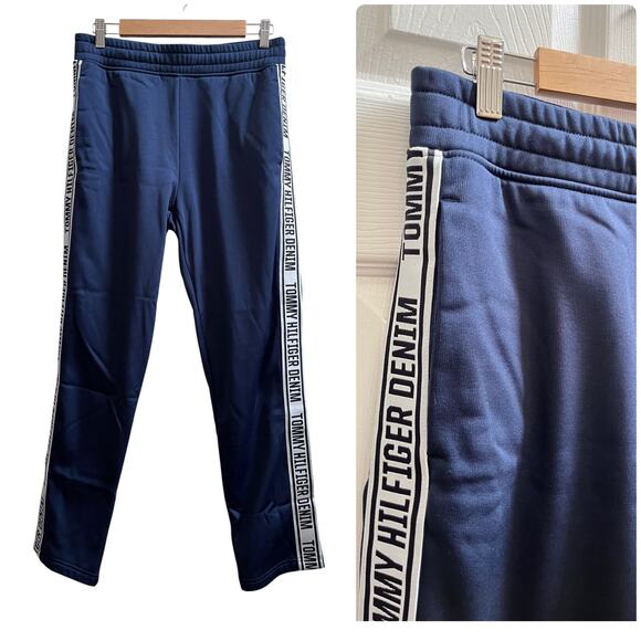 Tommy Hilfiger Blue Logo Tape Microfleece Track Pants Size Small Streetwear - Picture 1 of 11